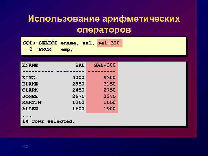 Использование арифметических операторов SQL> SELECT ename, sal+300 2 FROM emp; ENAME SAL+300 ----- ----KING