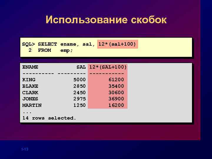 Использование скобок SQL> SELECT ename, sal, 12*(sal+100) 2 FROM emp; ENAME SAL 12*(SAL+100) ----------KING
