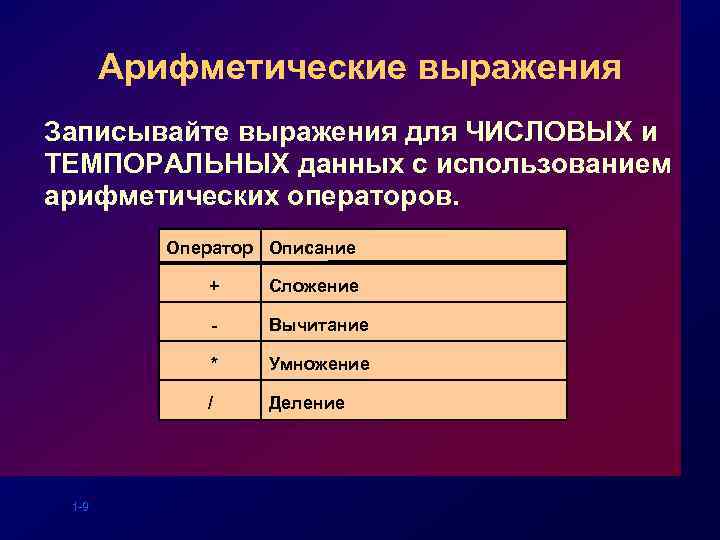 Арифметические выражения Записывайте выражения для ЧИСЛОВЫХ и ТЕМПОРАЛЬНЫХ данных с использованием арифметических операторов. Оператор