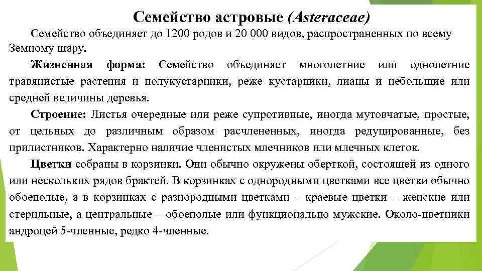 Роды объединяются в семейства. Характеристика семейства Астровые. Биография Астрова.