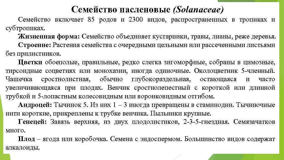 Семейство пасленовые (Solаnaceae) Семейство включает 85 родов и 2300 видов, распространенных в тропиках и