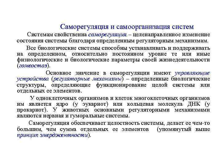 Саморегуляция и самоорганизация систем Системам свойственна саморегуляция – целенаправленное изменение саморегуляция состояния системы благодаря