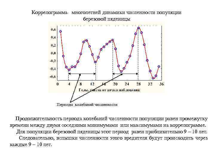 Коррелограмма многолетней динамики численности популяции березовой пяденицы Периоды колебаний численности Продолжительность периода колебаний численности