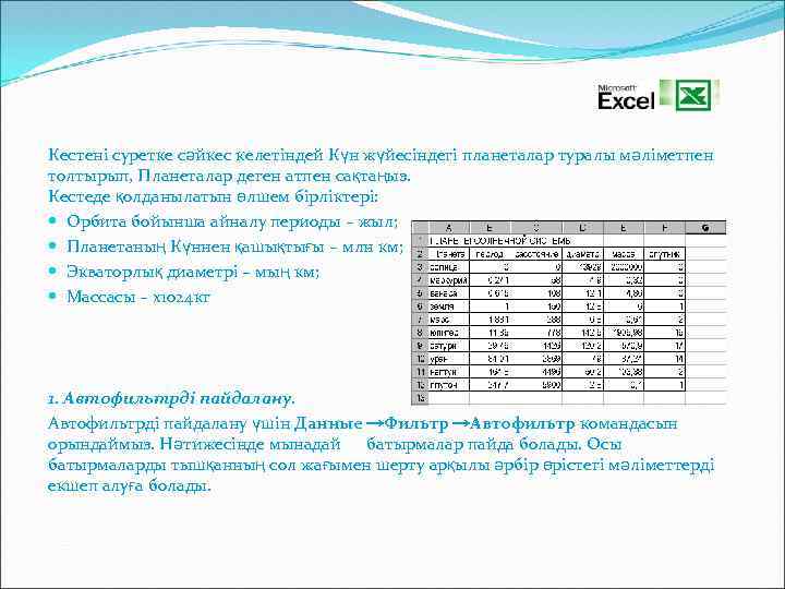 Кестені суретке сәйкес келетіндей Күн жүйесіндегі планеталар туралы мәліметпен толтырып, Планеталар деген атпен сақтаңыз.