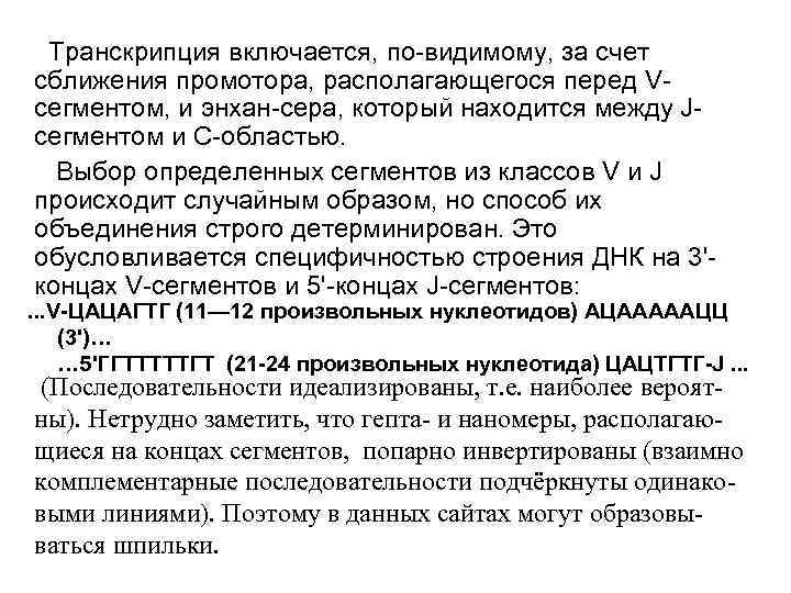 Транскрипция включается, по-видимому, за счет сближения промотора, располагающегося перед Vсегментом, и энхан-сера, который находится