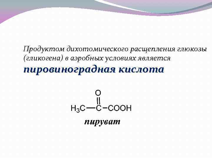 Продуктом дихотомического расщепления глюкозы (гликогена) в аэробных условиях является пировиноградная кислота 