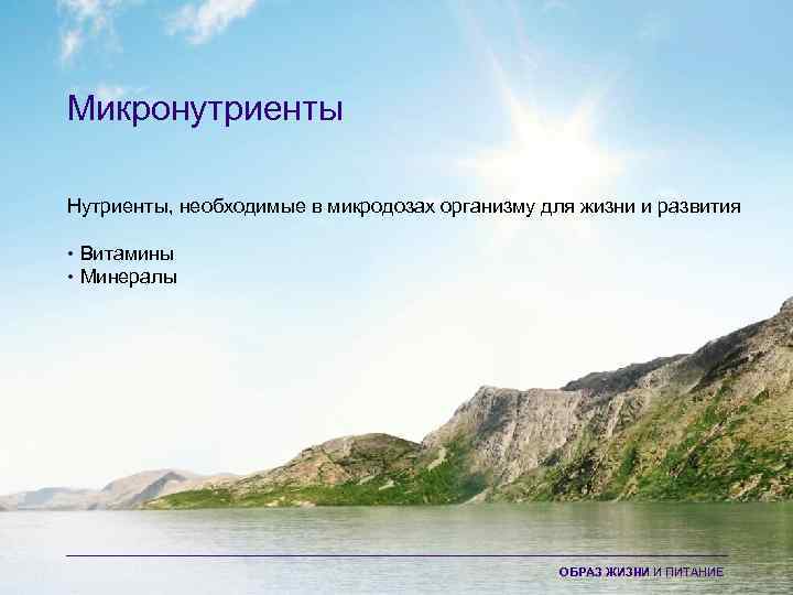 Микронутриенты Нутриенты, необходимые в микродозах организму для жизни и развития • Витамины • Минералы