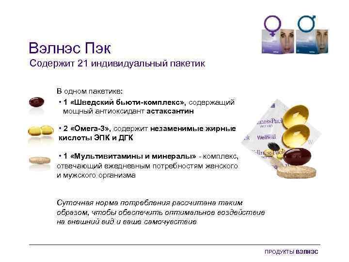 Вэлнэс Пэк Содержит 21 индивидуальный пакетик В одном пакетике: • 1 «Шведский бьюти-комплекс» ,