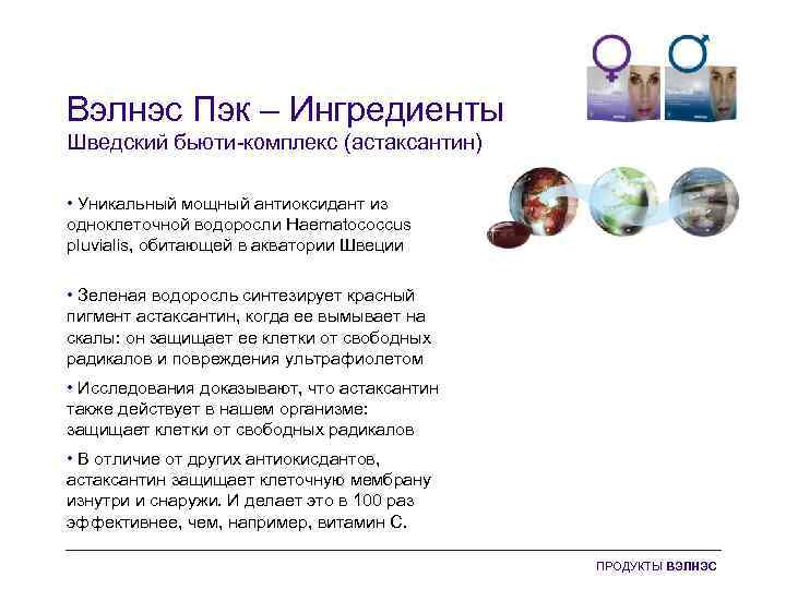 Вэлнэс Пэк – Ингредиенты Шведский бьюти-комплекс (астаксантин) • Уникальный мощный антиоксидант из одноклеточной водоросли