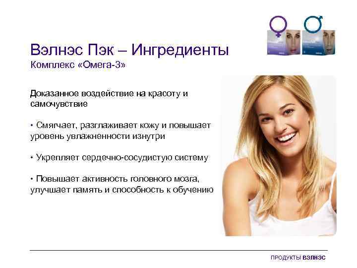 Вэлнэс Пэк – Ингредиенты Комплекс «Омега-3» Доказанное воздействие на красоту и самочувствие • Смягчает,