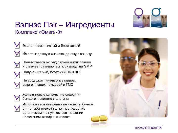 Вэлнэс Пэк – Ингредиенты Комплекс «Омега-3» Экологически чистый и безопасный Имеет надежную антиоксидантную защиту