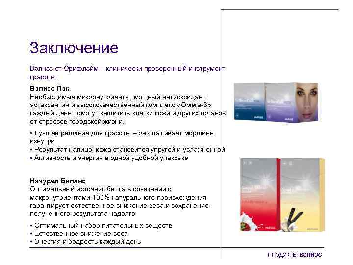 Заключение Вэлнэс от Орифлэйм – клинически проверенный инструмент красоты. Вэлнэс Пэк Необходимые микронутриенты, мощный