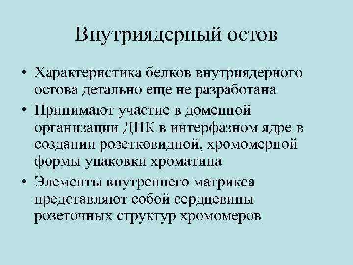 Внутриядерный остов • Характеристика белков внутриядерного остова детально еще не разработана • Принимают участие