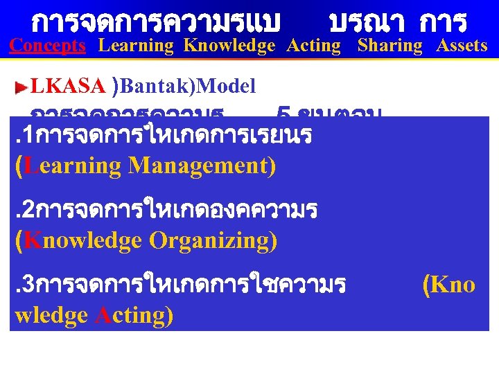 การจดการความรแบ บรณา การ Concepts Learning Knowledge Acting Sharing Assets LKASA )Bantak)Model การจดการความร 5 ขนตอน