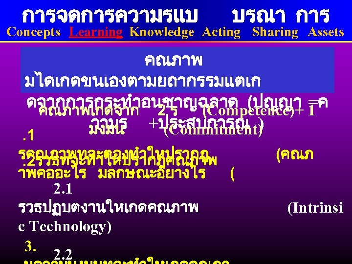 การจดการความรแบ บรณา การ Concepts Learning Knowledge Acting Sharing Assets คณภาพ มไดเกดขนเองตามยถากรรมแตเก ดจากการกระทำอนชาญฉลาด (ปญญา 1