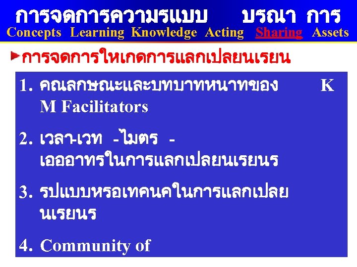 การจดการความรแบบ บรณา การ Concepts Learning Knowledge Acting Sharing Assets การจดการใหเกดการแลกเปลยนเรยน ร (Knowledge sharing) 1.