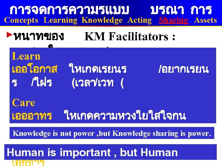 การจดการความรแบบ บรณา การ Concepts Learning Knowledge Acting Sharing Assets หนาทของ KM Facilitators : ชวยใหเกด
