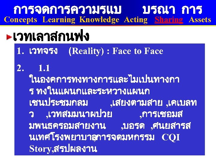 การจดการความรแบ บรณา การ Concepts Learning Knowledge Acting Sharing Assets เวทเลาสกนฟง 1. เวทจรง 2. (Reality)