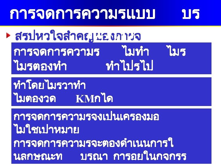 การจดการความรแบบ ณาการ สรปหวใจสำคญของการจ ดการความร การจดการความร ไมทำ ไมรตองทำ ทำไปรไป บร ไมร “อยากรรสสาล กตองกน ” ทำโดยไมรวาทำ