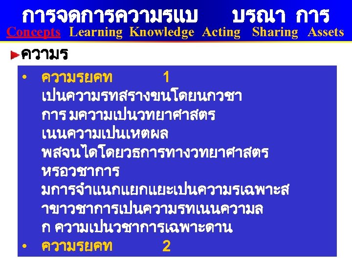 การจดการความรแบ บรณา การ Concepts Learning Knowledge Acting Sharing Assets ความร • 2 ยค ความรยคท