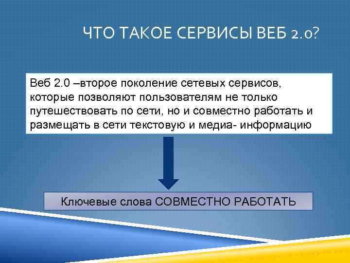 ЧТО ТАКОЕ СЕРВИСЫ ВЕБ 2. 0? Веб 2. 0 –второе поколение сетевых сервисов, которые