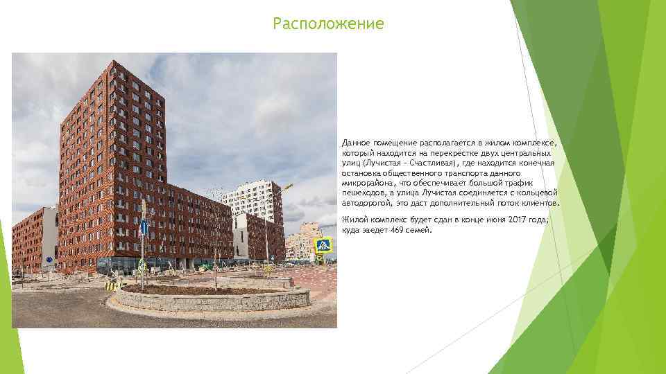 Расположение Данное помещение располагается в жилом комплексе, который находится на перекрёстке двух центральных улиц