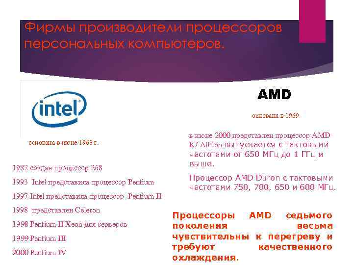 Фирмы производители процессоров персональных компьютеров. AMD основана в 1969 основана в июне 1968 г.