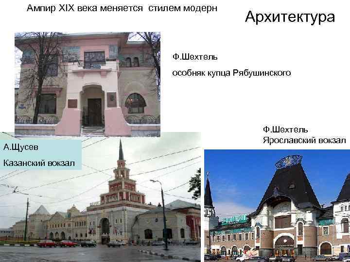 Ампир XIX века меняется стилем модерн Архитектура Ф. Шехтель особняк купца Рябушинского А. Щусев