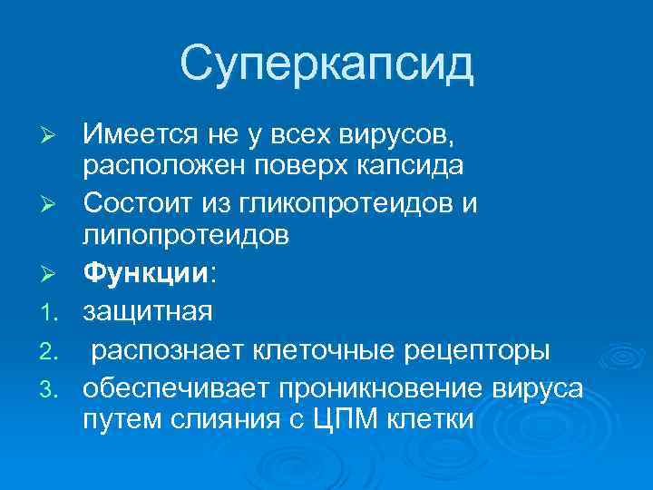 Суперкапсид Ø Ø Ø 1. 2. 3. Имеется не у всех вирусов, расположен поверх