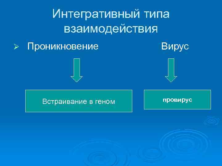 Интегративный типа взаимодействия Ø Проникновение Встраивание в геном Вирус провирус 