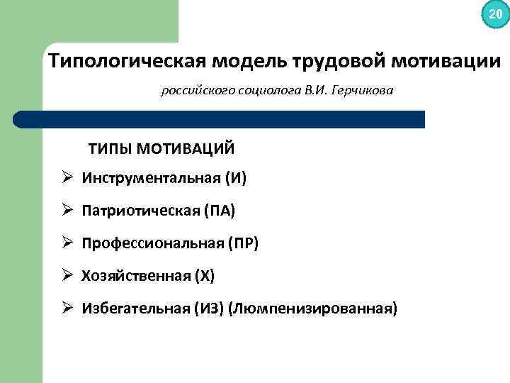 20 Типологическая модель трудовой мотивации российского социолога В. И. Герчикова ТИПЫ МОТИВАЦИЙ Инструментальная (И)