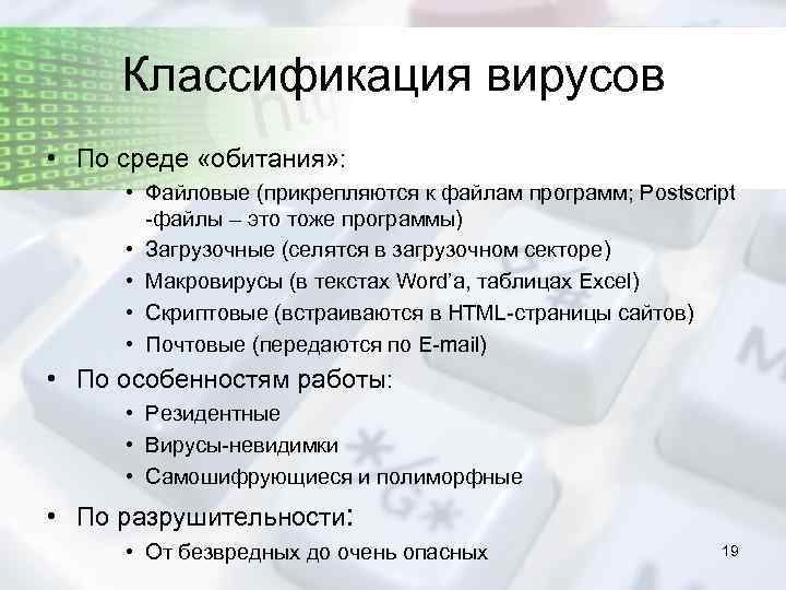 Классификация вирусов • По среде «обитания» : • Файловые (прикрепляются к файлам программ; Postscript