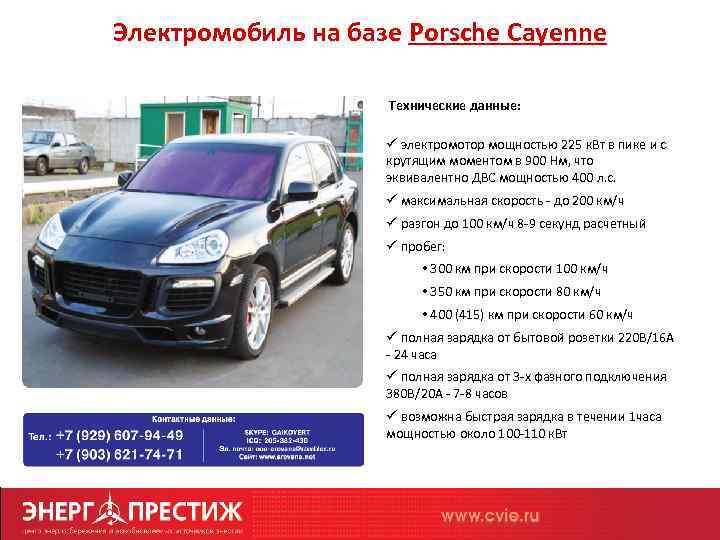 Электромобиль на базе Porsche Cayenne Технические данные: ü электромотор мощностью 225 к. Вт в