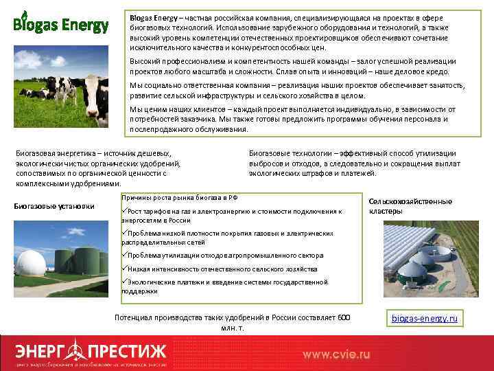 Biogas Energy – частная российская компания, специализирующаяся на проектах в сфере биогазовых технологий. Использование