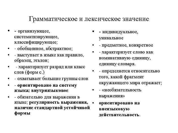 Грамматическое и лексическое значение • - организующее, • • • систематизирующее, классифицирующее; - обобщенное,