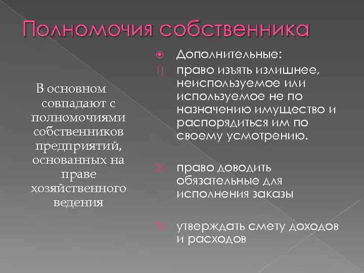 Полномочия собственника Дополнительные: 1) право изъять излишнее, неиспользуемое или используемое не по назначению имущество