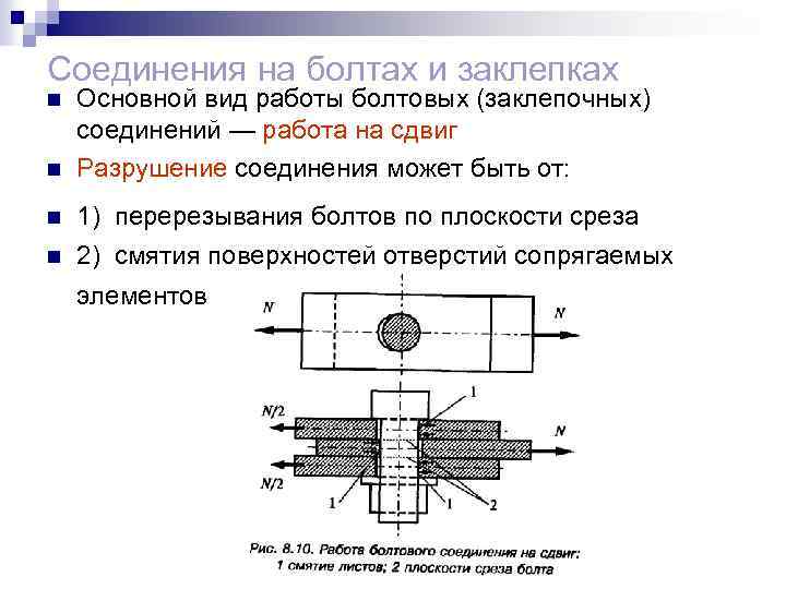 Соединения на болтах и заклепках n Основной вид работы болтовых (заклепочных) соединений — работа