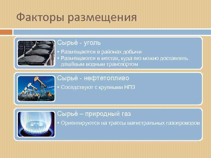 Факторы размещения Сырьё - уголь • Размещаются в районах добычи • Размещаются в местах,