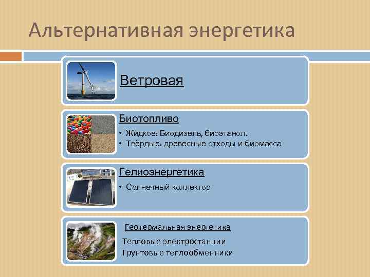 Альтернативная энергетика Ветровая Биотопливо • Жидкое: Биодизель, биоэтанол. • Твёрдые: древесные отходы и биомасса