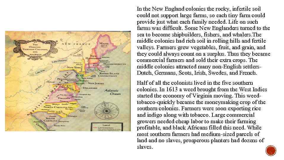 In the New England colonies the rocky, infertile soil could not support large farms,