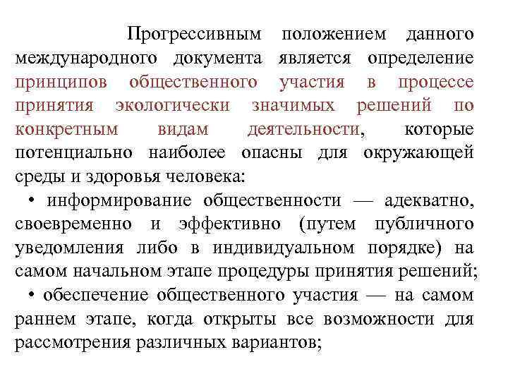  Прогрессивным положением данного международного документа является определение принципов общественного участия в процессе принятия
