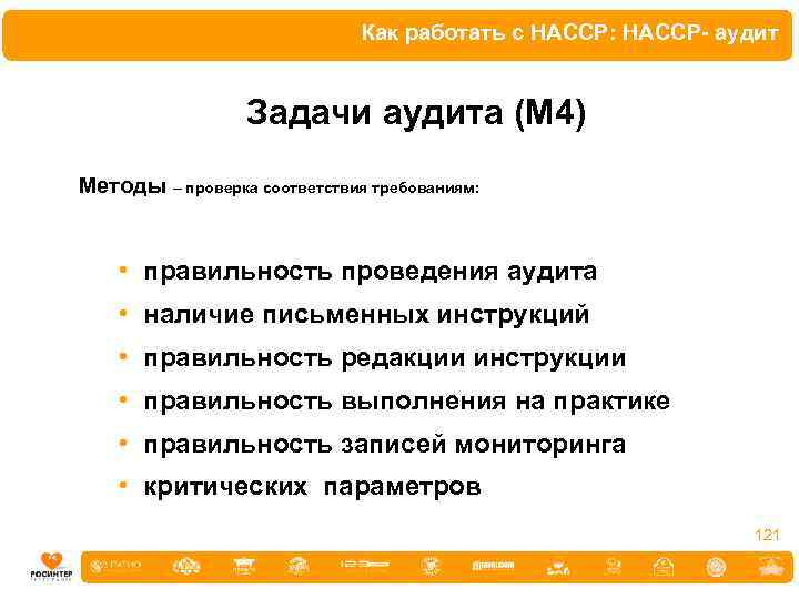 Как работать с HACCP: HACCP- аудит Задачи аудита (М 4) Методы – проверка соответствия