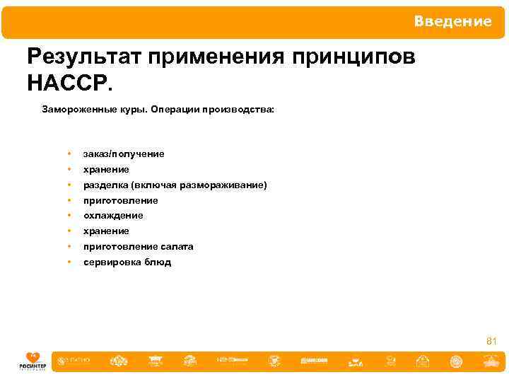 Введение Результат применения принципов НАССР. Замороженные куры. Операции производства: • заказ/получение • хранение •