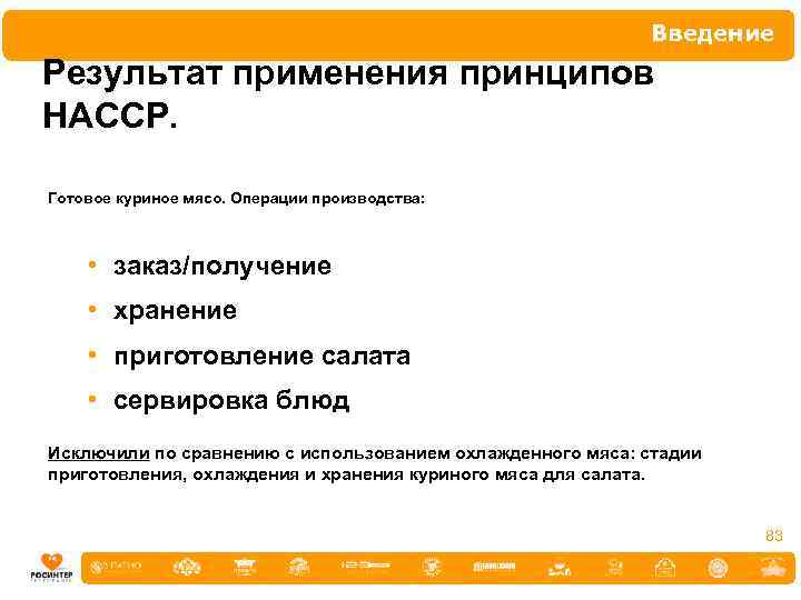 Введение Результат применения принципов НАССР. Готовое куриное мясо. Операции производства: • заказ/получение • хранение