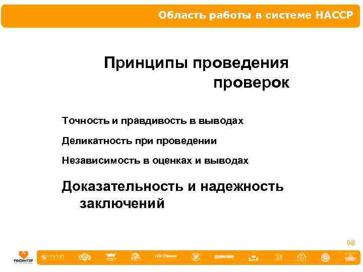 Область работы в системе НАССР Принципы проведения проверок Точность и правдивость в выводах Деликатность