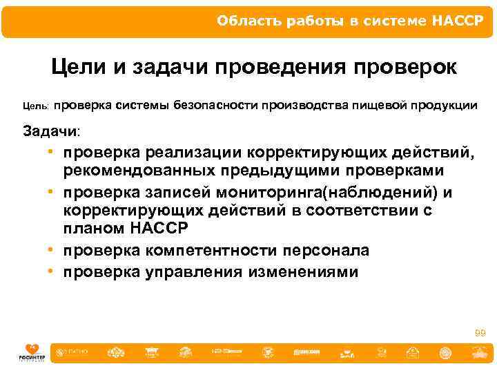 Область работы в системе НАССР Цели и задачи проведения проверок Цель: проверка системы безопасности