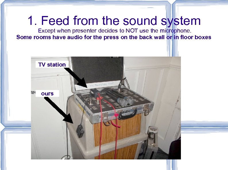1. Feed from the sound system Except when presenter decides to NOT use the