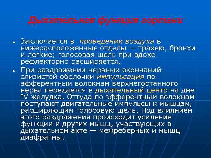 Дыхательная функция гортани ● ● Заключается в проведении воздуха в нижерасположенные отделы — трахею,