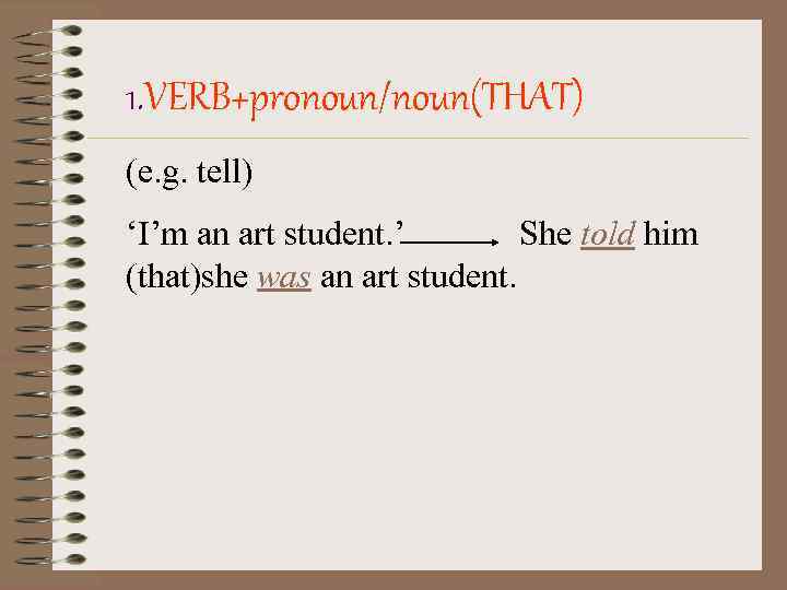 1. VERB+pronoun/noun(THAT) (e. g. tell) ‘I’m an art student. ’ She told him (that)she