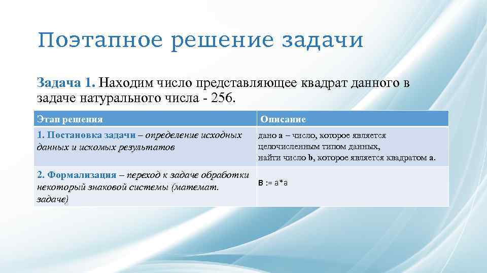 Поэтапное решение задачи Задача 1. Находим число представляющее квадрат данного в задаче натурального числа
